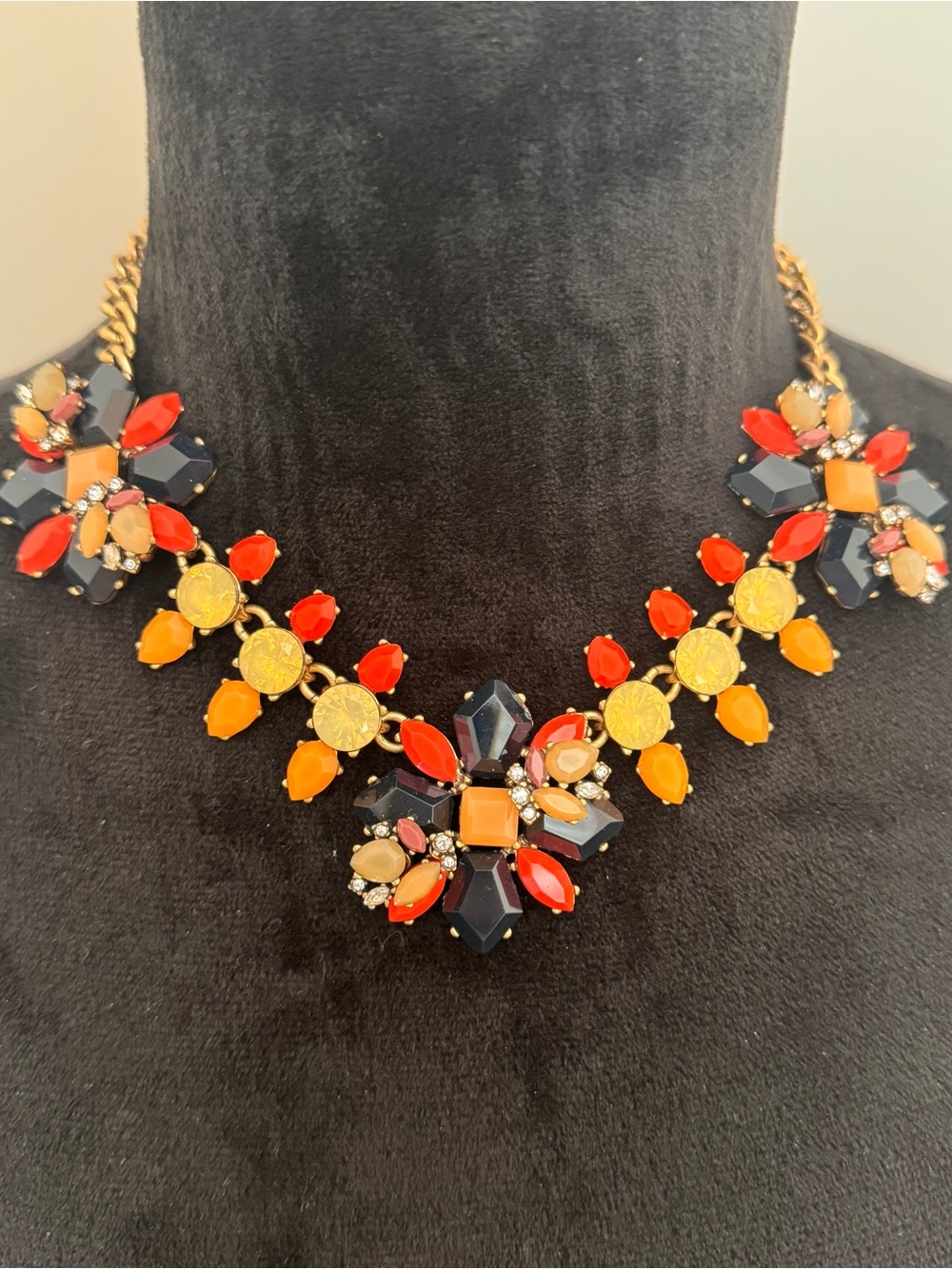 J. Crew Gold-Tone Bib Necklace with Red, Orange and Navy Stones